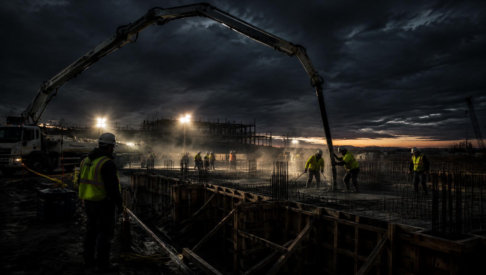Concrete crew pouring a structural foundation at dusk