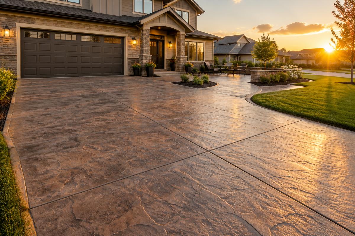 Freshly finished stamped concrete driveway at a suburban home